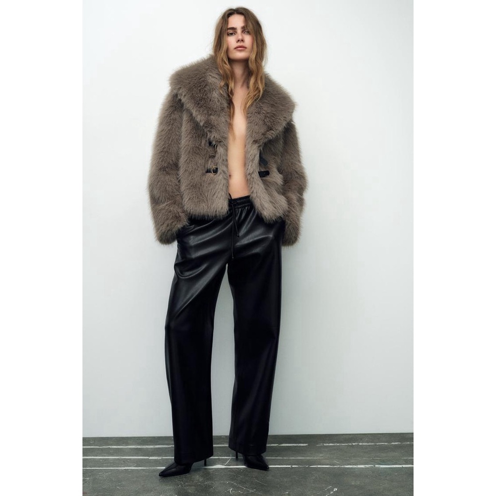 Zara faux fur buckle closure short coat grey brown - Picture 5 of 16